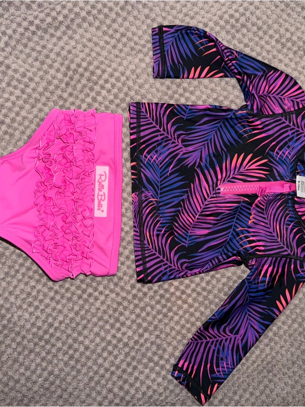 RuffleButts Two-Piece Swim Set - Pink & purlple Palm Print 6-12 mos